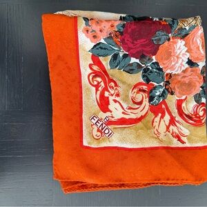 Fendi Orange and Red Floral And Ancient City Silk Scarf